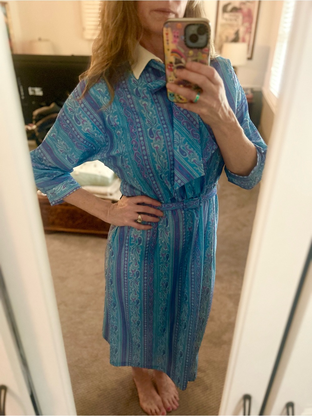 Vintage 80s blue paisley belted dress Size 10